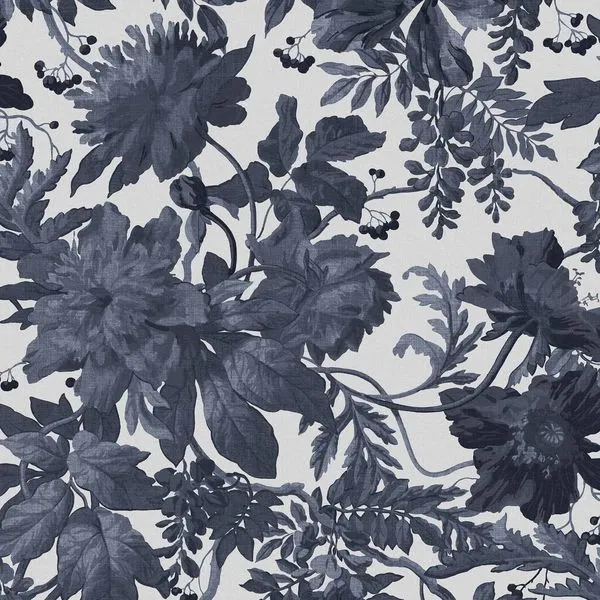Floral wallpaper pattern with large leaves and flowers in rich blue and off-white shades