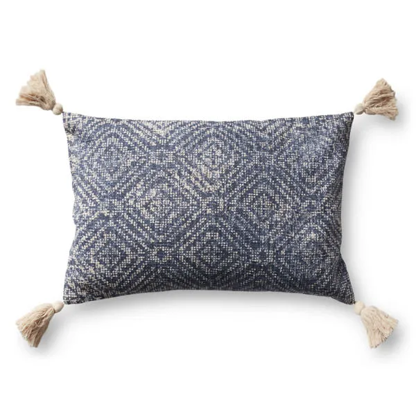 Rectangular blue pillow with geometric pattern and cream tassels on each corner, textured cotton fabric