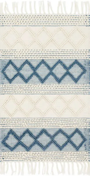 Blue and cream entry rug featuring textured diamond patterns and horizontal stripes with fringed edges