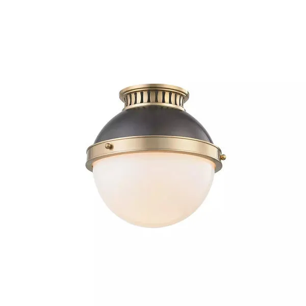 Latham 1 Light Small Flush Mount ceiling light with two-tone finish, ventilated holder, and spherical mounting pins