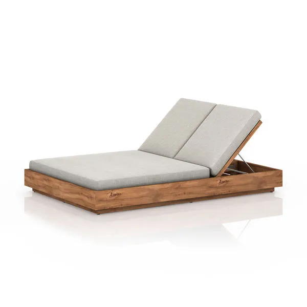 Double outdoor chaise with FSC-certified teak boxed base and stone grey cushions, adjustable backs paired