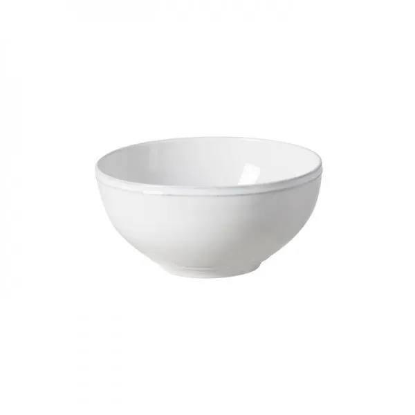 Medium white stoneware serving bowl with smooth rounded shape and slightly raised base