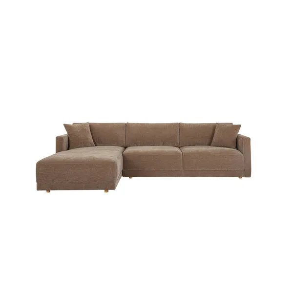 Bryn sectional sofa with chaise in warm brown textured fabric, larger profile with cushioned back and arms