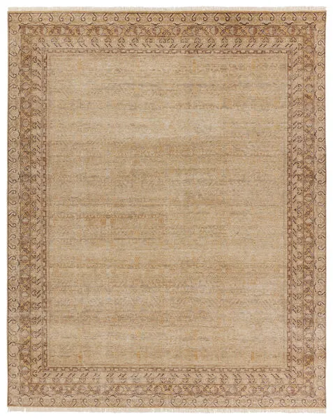 Distressed gold and brown hand-knotted trellis rug with intricate border design, 8 by 10 feet