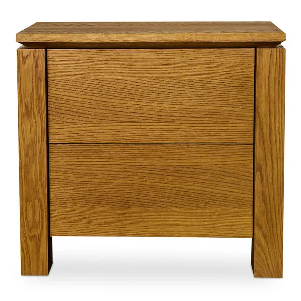 Brook nightstand in mid-tone brown oak with blocky silhouette, floating undercut top, and thick legs