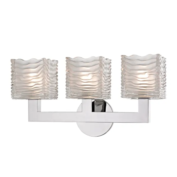 Three-light bath bracket with textured, square glass diffusers and polished chrome arm and round backplate