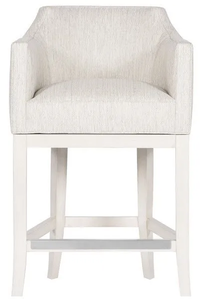 Ian Performance Wood Flare Base Stool with curved upholstered light beige seat and flared whitewashed wood legs
