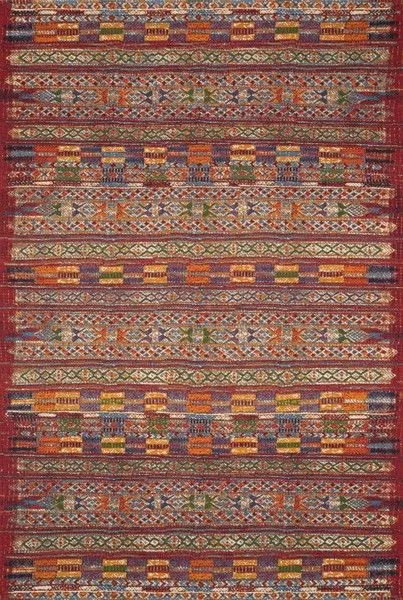 Rectangular red rug with abstract and tribal-inspired patterns in multicolored textured yarns, durable for indoor and outd...