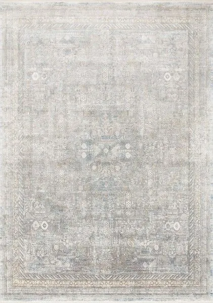 Traditional-style rug with subtle patina in silver and multi tones, silky smooth texture and intricate border patterns
