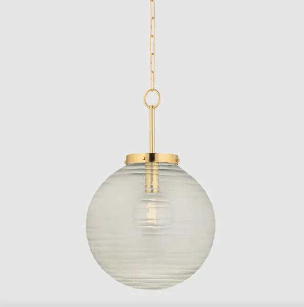 Falls Mills Pendant with clear swirl-patterned globe and aged brass suspension chain and top fitting