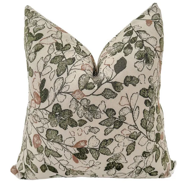 Square pillow with linen fabric featuring dusty rose and cypress leafy stem pattern in calming natural tones