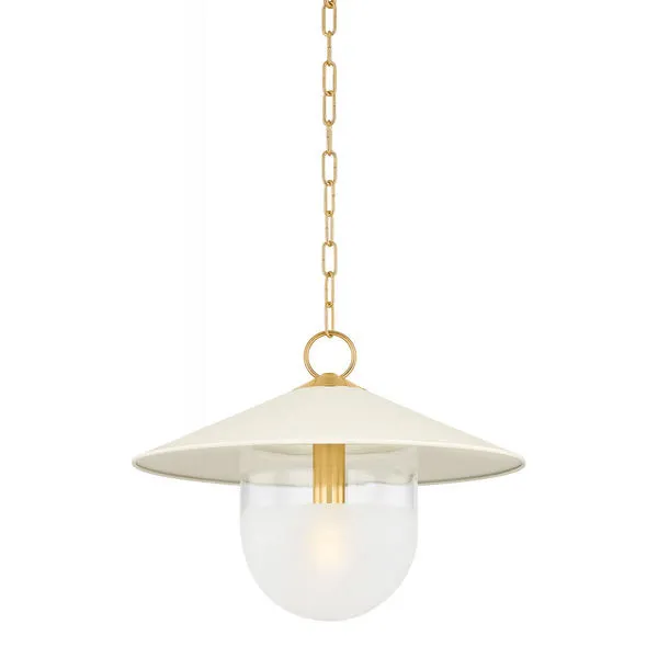 Ressi Pendant with soft cream conical shade, frosted spot-etched lower globe, and chunky aged brass chain