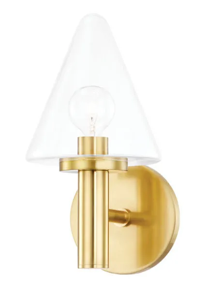 Connie 1 Light Bath Bracket with conical clear glass shade and antique brass finish wall mount