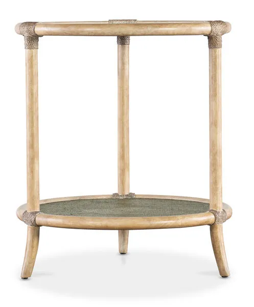 Round Retreat Raffia End Table with sand-colored wood frame, green raffia shelves, and rope accents