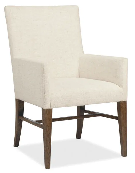 Driftwood Upholstered Arm Chair with neutral fabric seat and back, rustic burnished wood frame in Worn Saddle finish