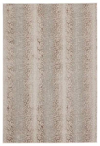 Rectangular modern rug with gray and brown spotted animal print pattern and subtle stripes