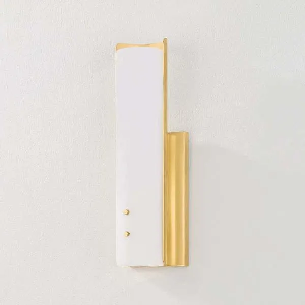 Lucio Wall Sconce with vertical rectangular alabaster shade and aged brass frame featuring decorative brass pins