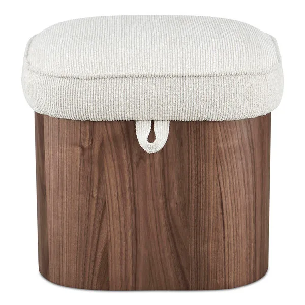 Sonny Stool with walnut veneer base and lift top in flecked oatmeal fabric with piping and rounded corners