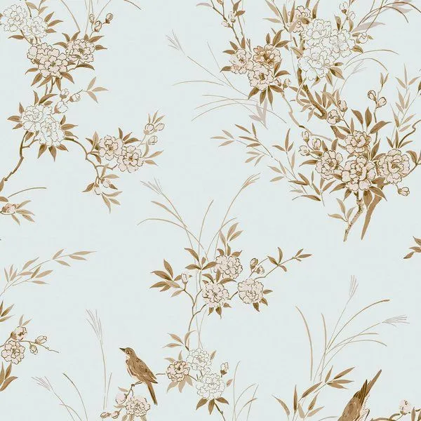 Pastel blue wallpaper with brown and white chinoiserie bird and peony floral pattern inspired by antique embroidery