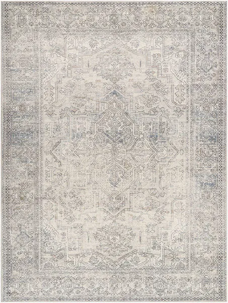 Vintage style Margot area rug with sage and charcoal gray intricate medallion pattern on light background
