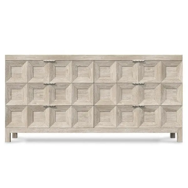 Prado dresser front view with metal drawer pulls visible on textured geometric overlays