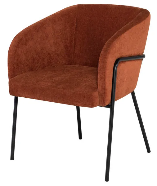 Accent chair with matte black legs and backrest frame, wrapped in smooth terra cotta polyester fabric