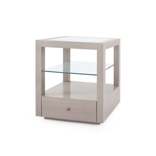 Gavin 1-Drawer Side Table in taupe gray oak with glass shelf and single drawer