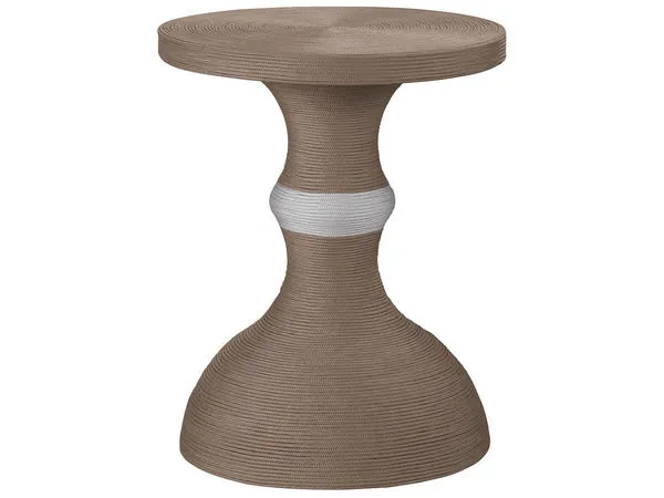 Boden Accent Table with a dynamic hourglass silhouette in taupe with a white horizontal band in the middle, textured surface