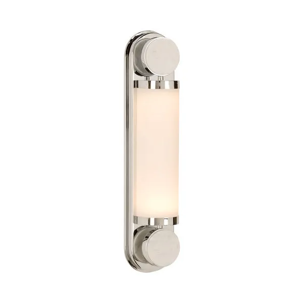 Emmons Sconce with polished metal base, frosted glass center column, and two honed Carrera marble spheres