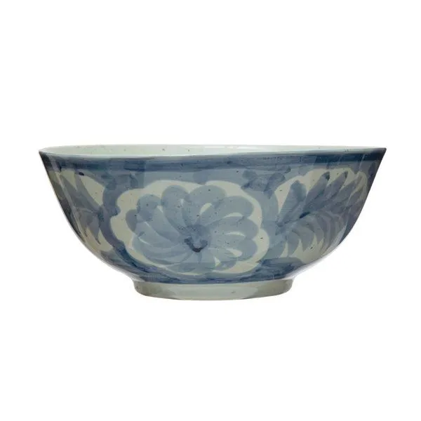 Product Image 1 for Hand Painted Stoneware Bowl with Floral Design, Blue and White from Creative Co-Op