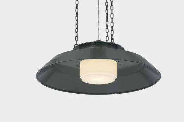 Woodrow Pendant with classic RLM-style large dark reflector and central opal shiny shade suspended by three chains