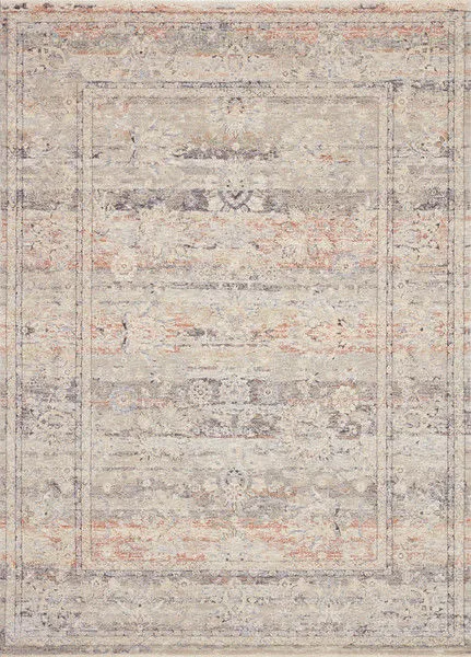 overhead view of entire rug highlighting rectangular bordered pattern with soft rust and gray colors