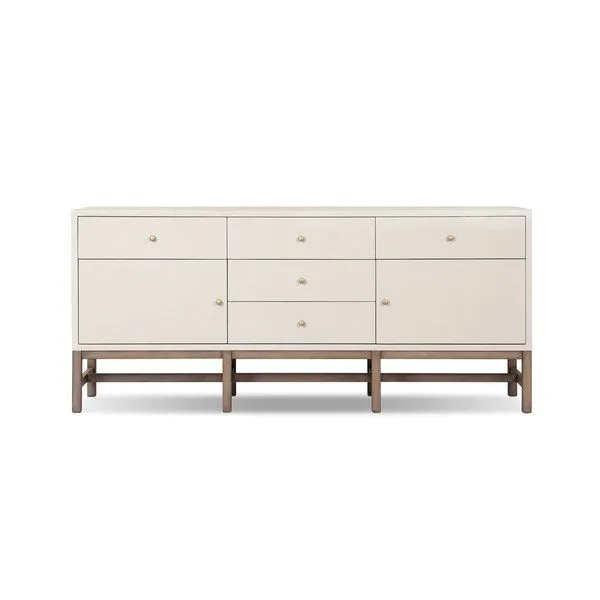 Ivory woven raffia texture Fiona Sideboard with five drawers, two cabinets, antique brass hardware, and solid mahogany base