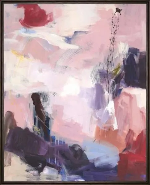 Abstract painting with delicate pink and white brushstrokes accented by dark purple and blue shapes