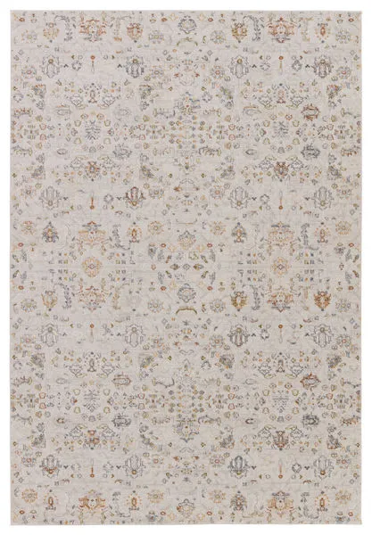 Traditional power-loomed area rug with charming floral pattern in white, light gray, gold, blue, green, and burnt orange hues