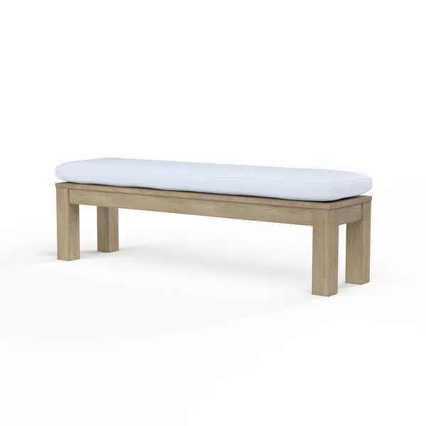 Coastal Teak Dining Bench with sleek angular teak frame and white cushioned seat