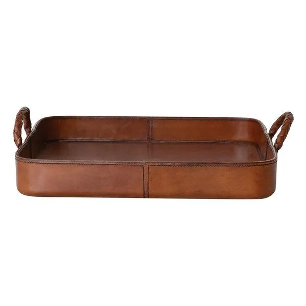 Product Image 1 for Decorative Wood and Leather Tray with Braided Handles, Cognac Color from Creative Co-Op