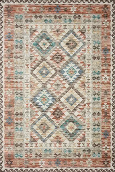 Ivory and multi-colored traditional rug with geometric diamond and triangle patterns and southwestern inspired design.