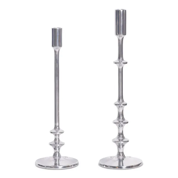 Set of two polished nickel candle holders with one tall and one short holder featuring rounded segmented stems