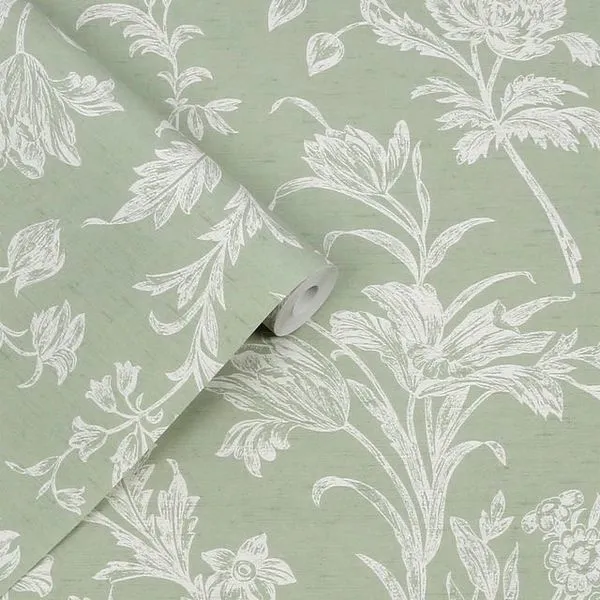 Rolled wallpaper showing texture and pattern repeat of Lloyd Sage Green Wallpaper