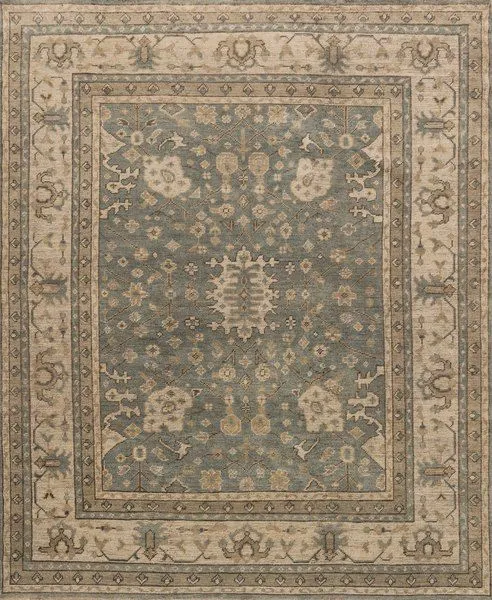 Traditional 8x10 wool rug featuring aqua center with stone beige border and intricate floral patterns