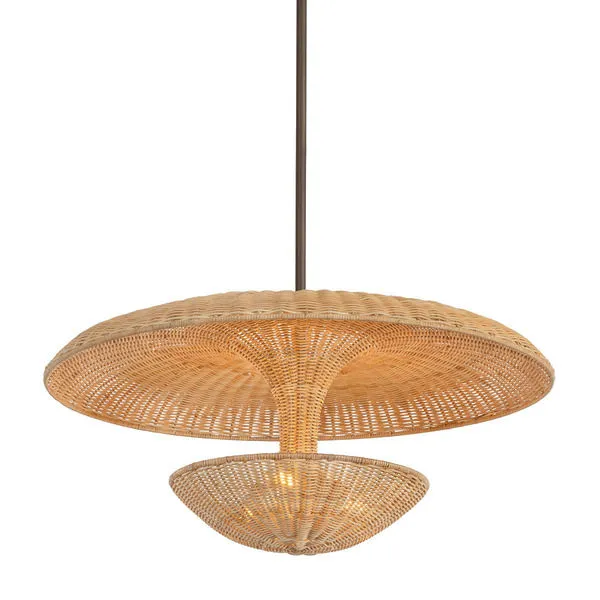 Draco Pendant light with two-tier natural wicker weave shade and Bronze Leaf stem in mid-century reflectors style