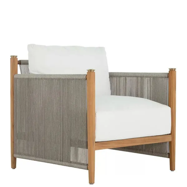 Outdoor lounge chair with natural teak frame, beige rope-wrapped sides, and white cushioned seat and back