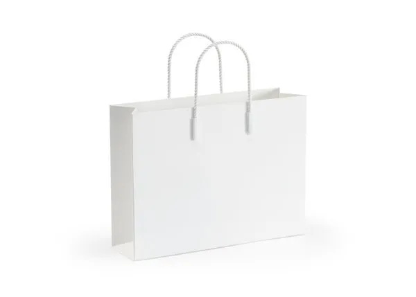 Matte white finished magazine tote with rectangular shape and twisted rope handles