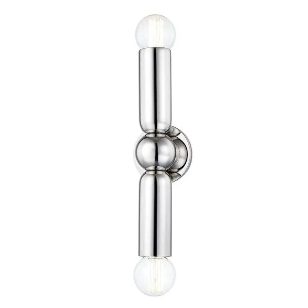 Lolly Polished Nickel 2-Light Wall Sconce with sleek curved metal rods and round light bulbs on top and bottom