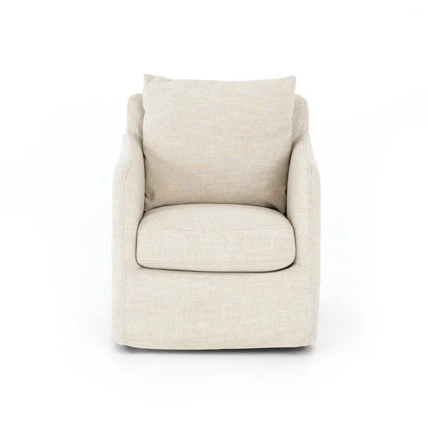 Front view of Banks Cambric Ivory Swivel Chair showing seat cushion and back cushion fully