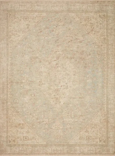 Full top view of ivory rug featuring soft blue and beige medallion pattern with subtle border design