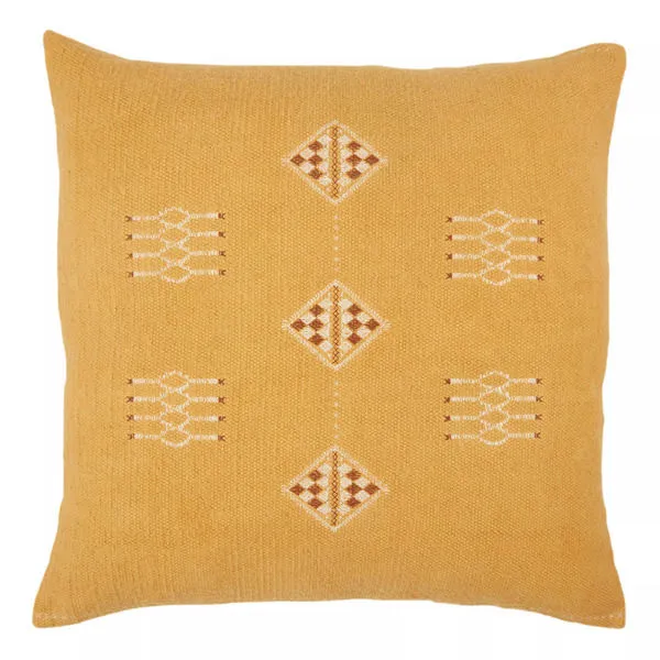 Mustard yellow 22 inch square throw pillow with warm taupe and white tribal embroidery in Moroccan Sabra style