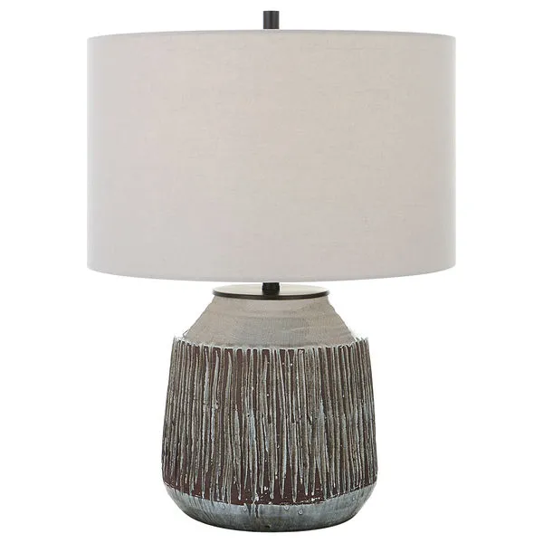 Ceramic table lamp with deep organic grooves in blue-gray crackle glaze, rust brown details, dark bronze accents, oatmeal ...