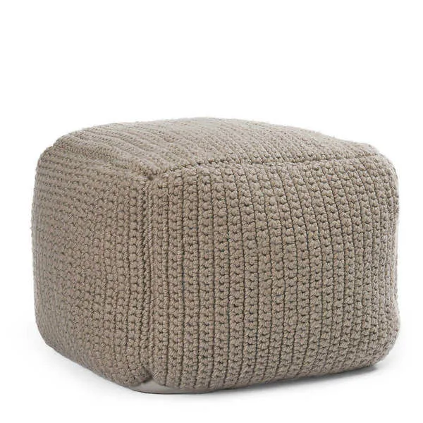 Square pouf with handwoven knitted taupe cover, outdoor finish, soft texture and modern design